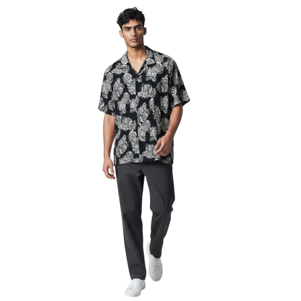 Zara Floral Print Regular Fit Button Up Shirt Black White Short Sleeve Men's XL